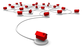 High resolution 3D illustration of red houses linked together in a network.